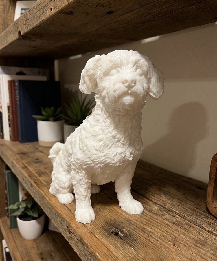 Le même chien devenu une figurine imprimée en 3D blanc porcelaine sur une étagère en bois