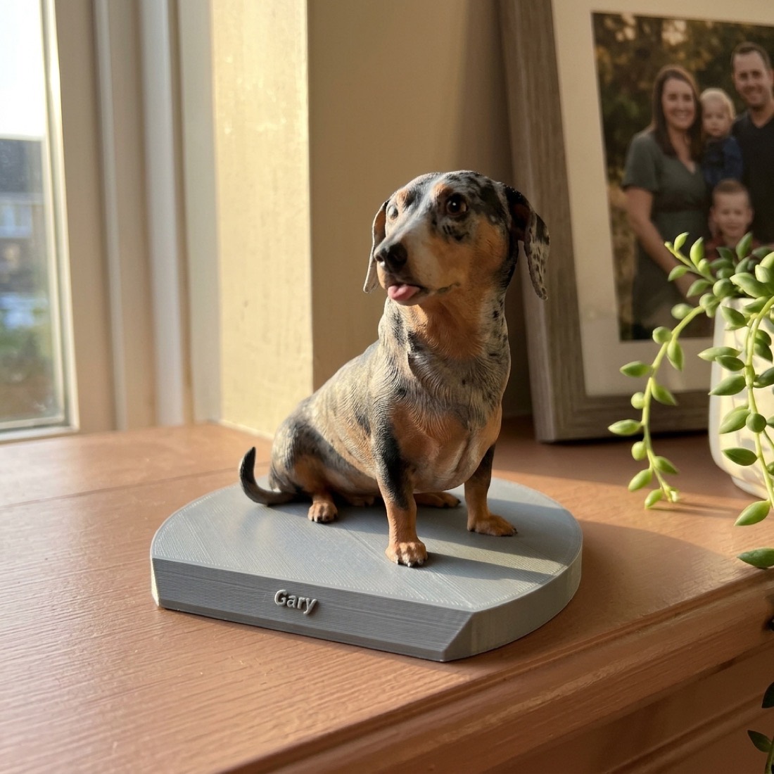 A full-color 3D dachshund keepsake named Gary, on a sunlit mantel beside a family photo