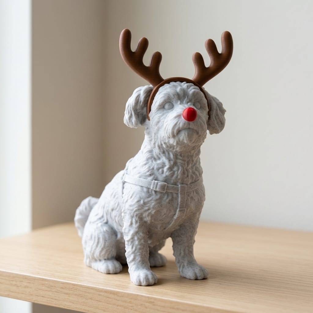 A scruffy pup keepsake sculpted with brown reindeer antlers and a red nose, on a shelf