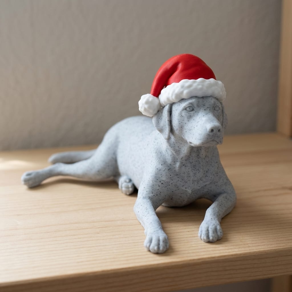 The preview of a Labrador sculpted in a red and white Santa hat, approved before anything is made