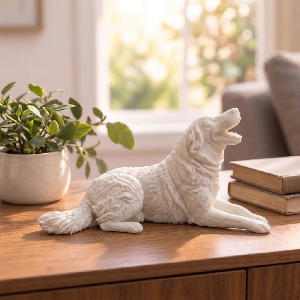 A dog keepsake sculpted in porcelain white