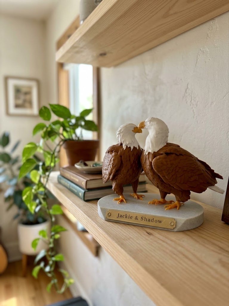 The Jackie & Shadow statue on a sunny shelf beside books and a potted plant