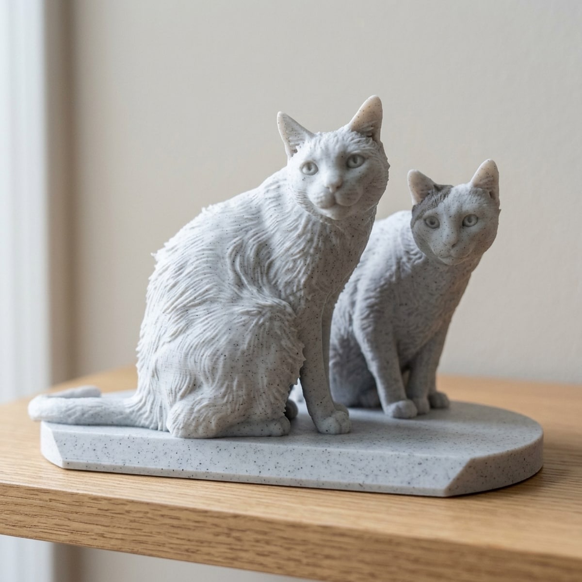 Two cats sculpted together in marble on a plain oval base
