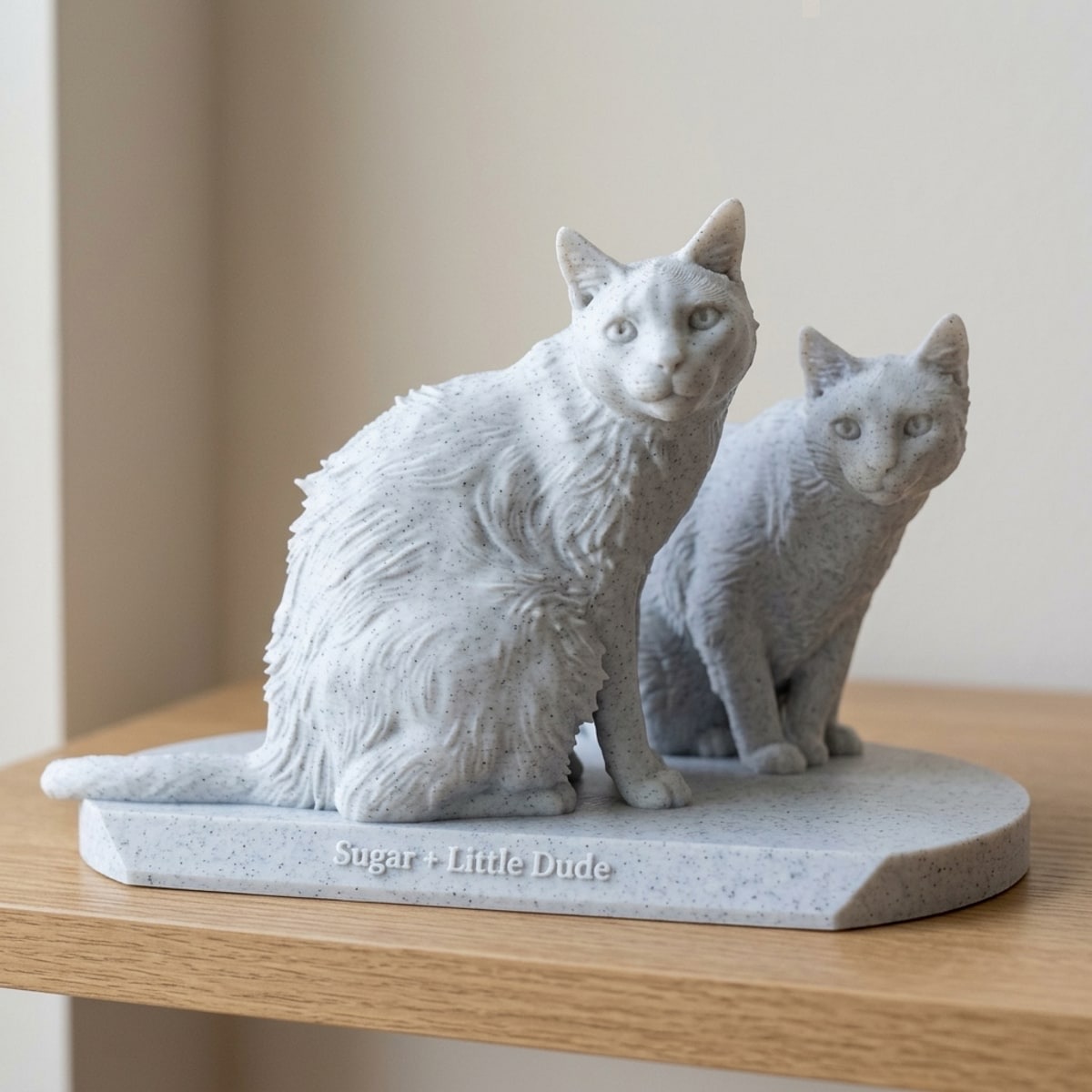 Two cats sculpted together in marble on a base with their names, Sugar + Little Dude