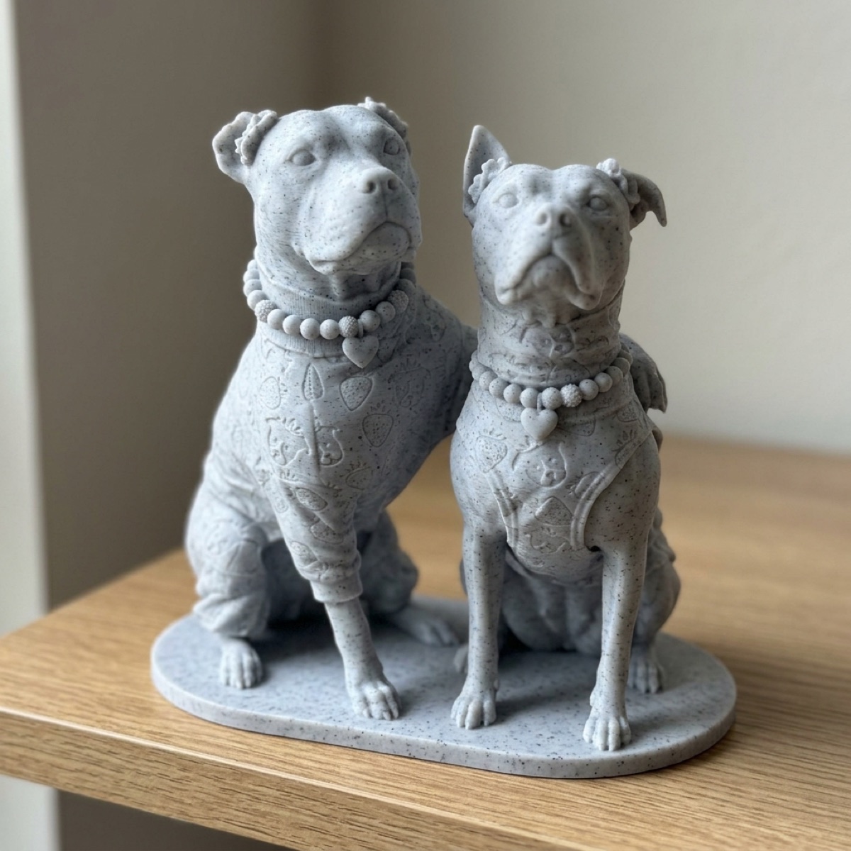 Two dogs in matching sweaters sculpted together in marble on one oval base