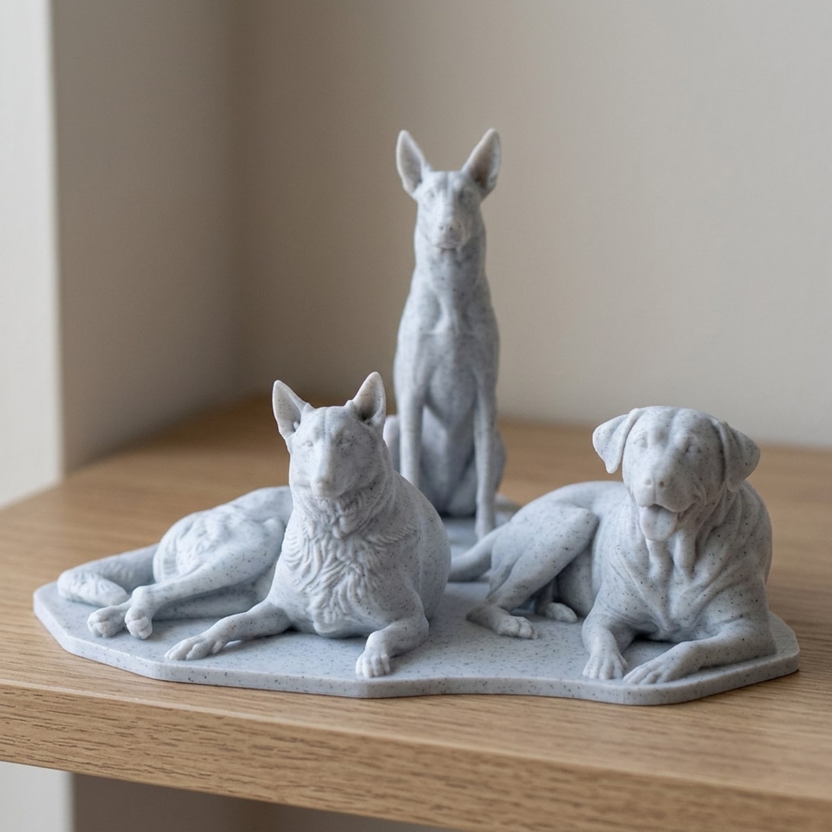 Three dogs — two lying down and one sitting — sculpted together in marble on one base