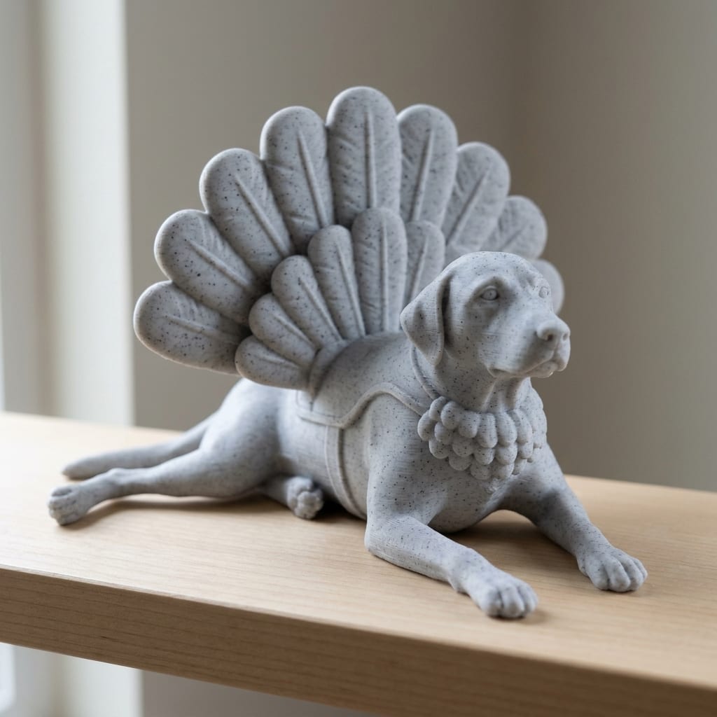 A Labrador keepsake sculpted wearing a fan of turkey tail feathers