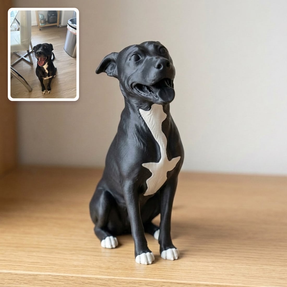 A small dog keepsake sculpted in its own black and white coat colors
