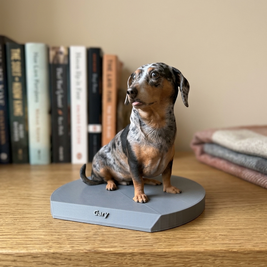 The finished full-color dachshund keepsake on a mantel